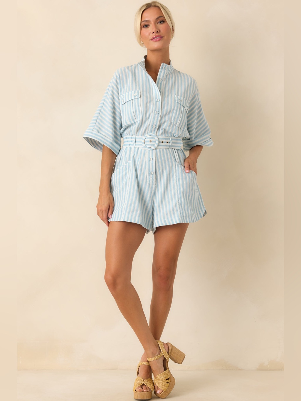 Prosperina Chloe Blue Aqua Stripe Belted Cotton Romper Size Small Nwt